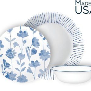 סט צלחות 18 חלקים , דגם Botanical Stripes פרחים קורנינג CORELLE