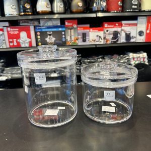 מיכל קופסת אחסון שקוף אקרילית 1.4 ל’ עגול קטן 15 ס”מ גובה 13 ס”מ FREE