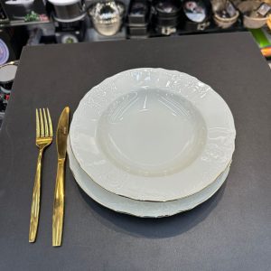 סט צלחות פורצלן צ׳כי 18 חלקים – שמנת שנהב עיטור פס זהב Thun