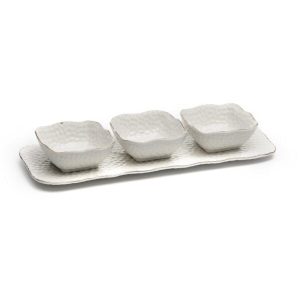 סט קברט 3 קעריות - מרובעות עם מגש פורצלן Flakes לבן פס זהב 36.5X3 עומק 5 ס”מ