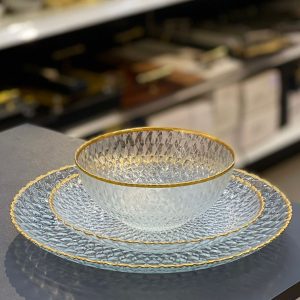 סט צלחות 18 חלקים – זכוכית פס זהב דגם MEIR מרוקע