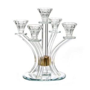 פמוט 5 קנים – קריסטל שקוף עיגול זהב 27X24 ס”מ