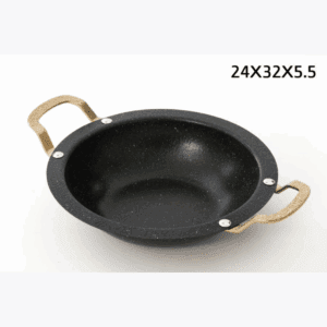 מחבת הגשה – נירוסטה שחור ידית זהב 24X32X5.5 ס"מ