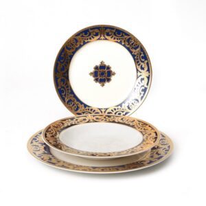 סט צלחות 18 חלקים - דגם Jessica כחול זהב New Bone China זהב 24 קראט